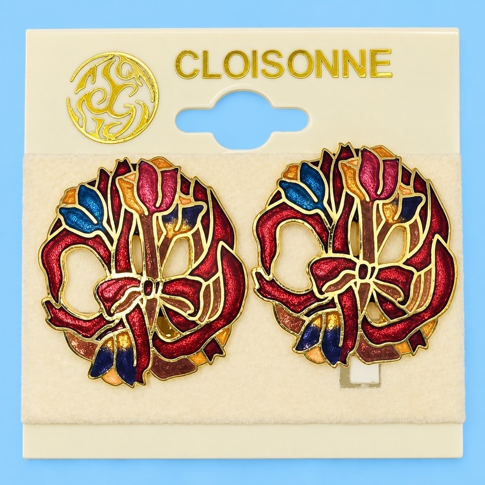 Vintage Cloisonne Floral Clip On Earrings Enamel Taiwan ROC NOS 1.5" -3575